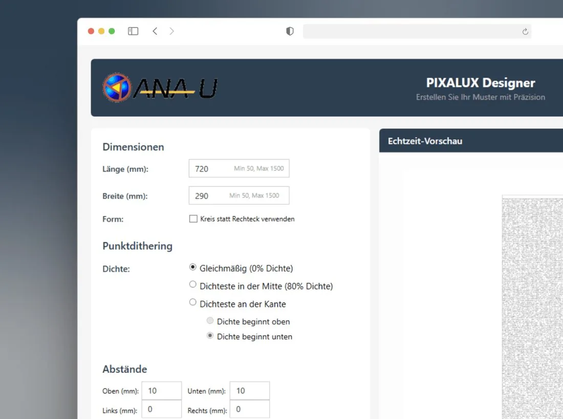 Der Musterdots-Designer mit seinem Parameterfeld